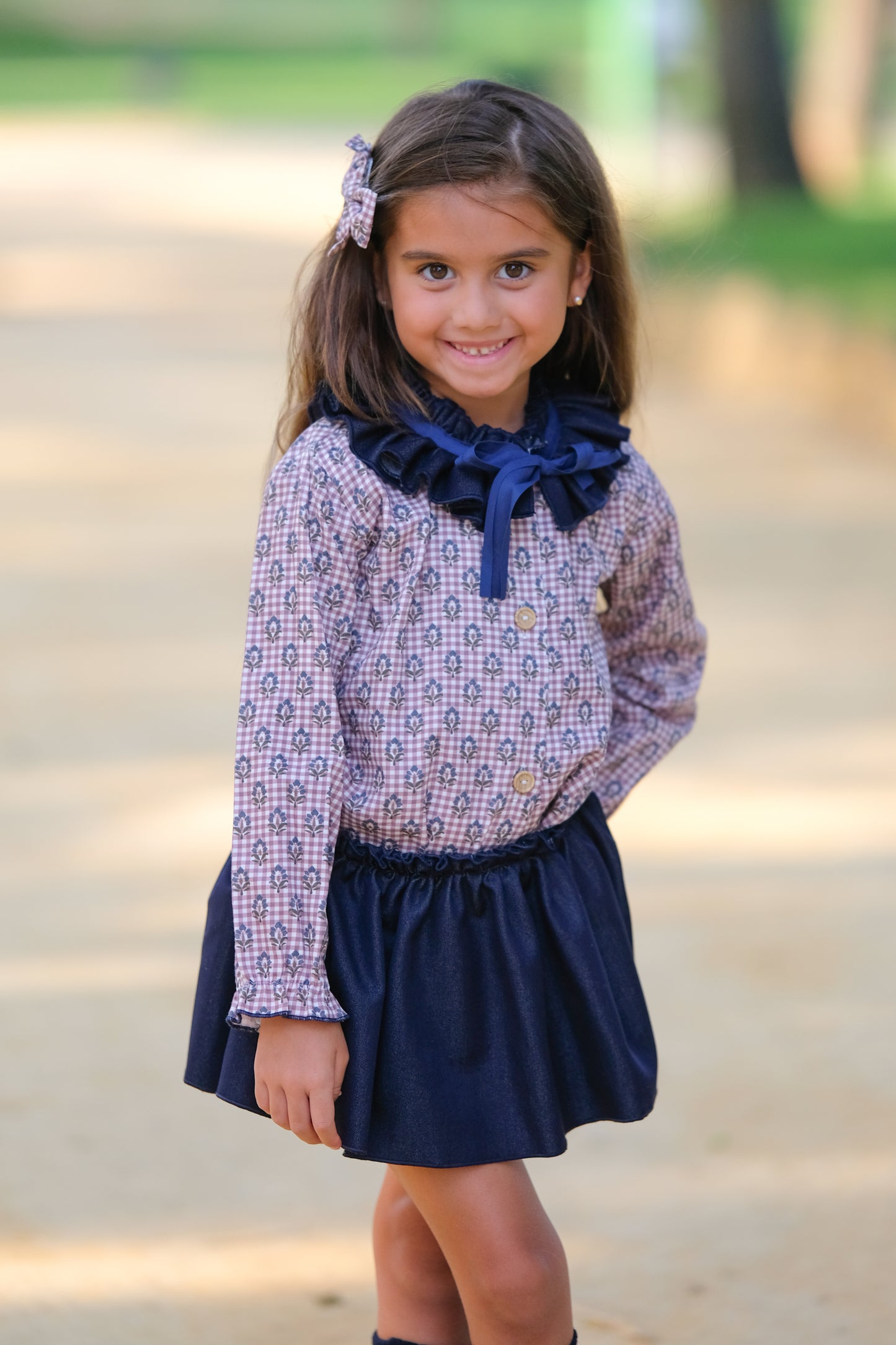 Camisa+falda niña flor denim.